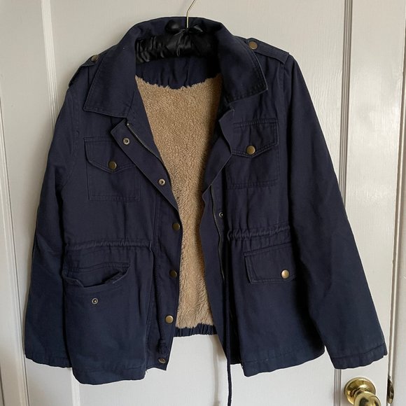 BRANDY MELVILLE Navy Doris Jacket with Fur Lining Navy Blue Anorak - Picture 3 of 8